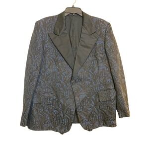 Vintage After Six by Rudofker Blue Black Brocade Paisley Tuxedo Jacket Blazer